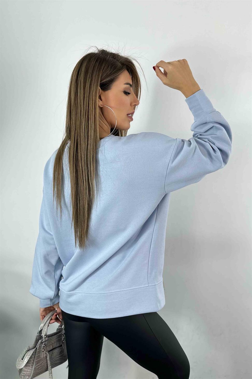 V Taş Püsküllü Tasarım Sweatshirt Bebe Mavisi