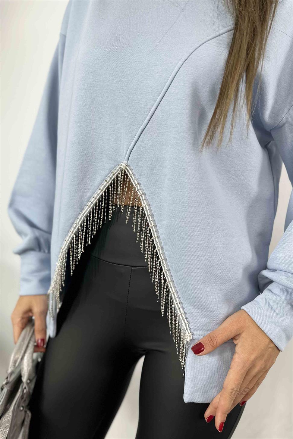 V Taş Püsküllü Tasarım Sweatshirt Bebe Mavisi