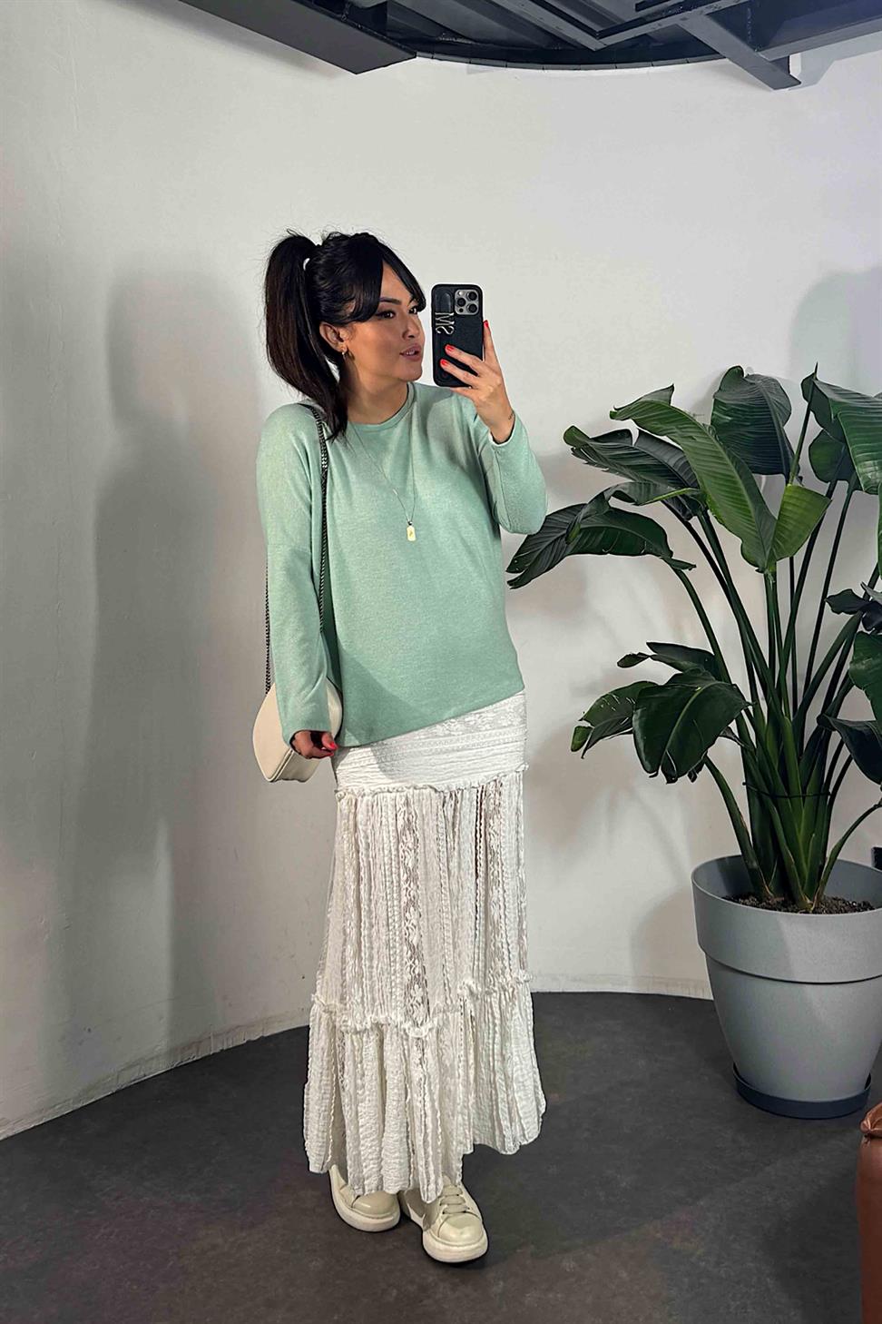 Bisiklet Yaka Yumoş Basic Bluz Mint