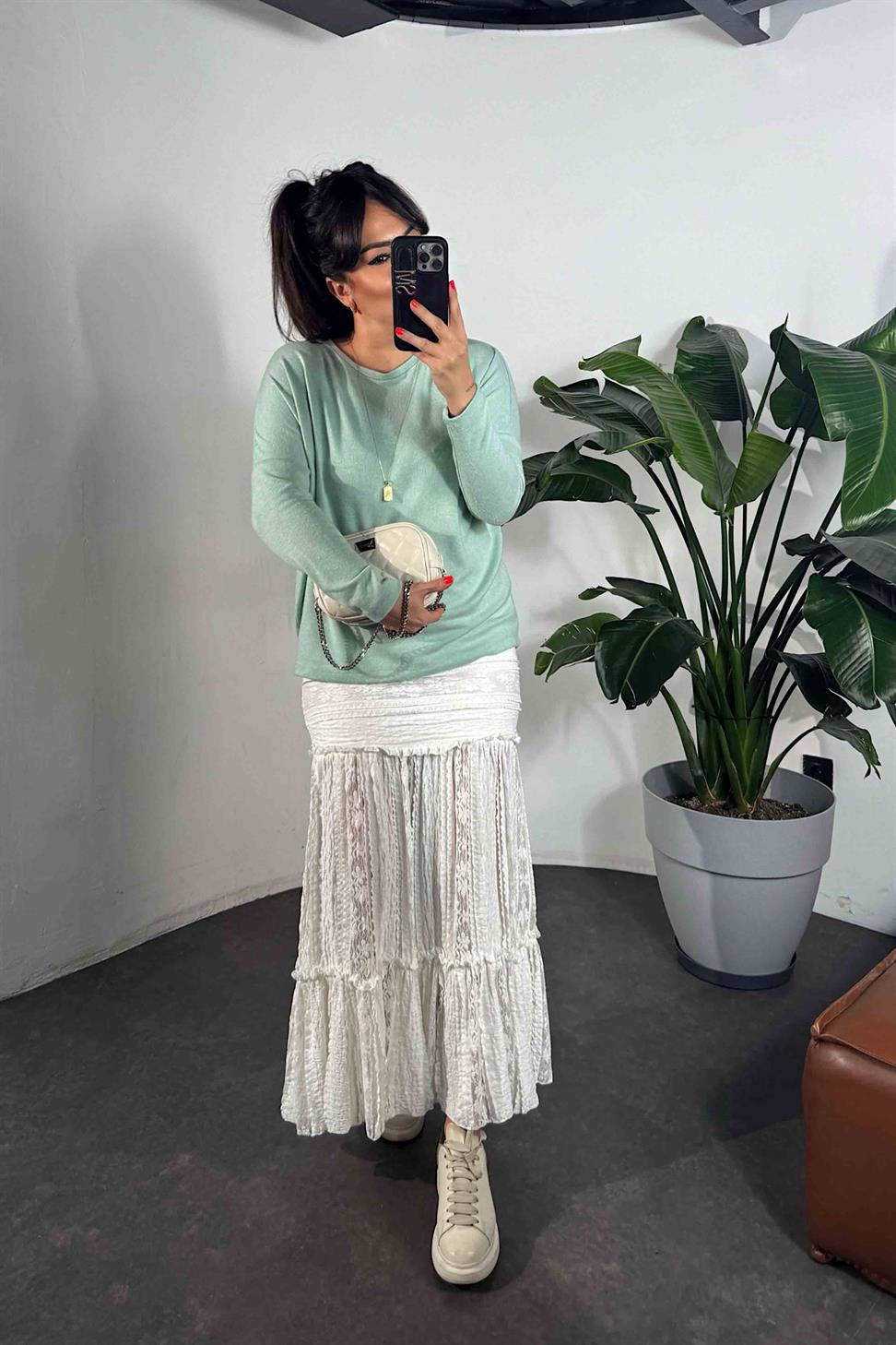 Bisiklet Yaka Yumoş Basic Bluz Mint
