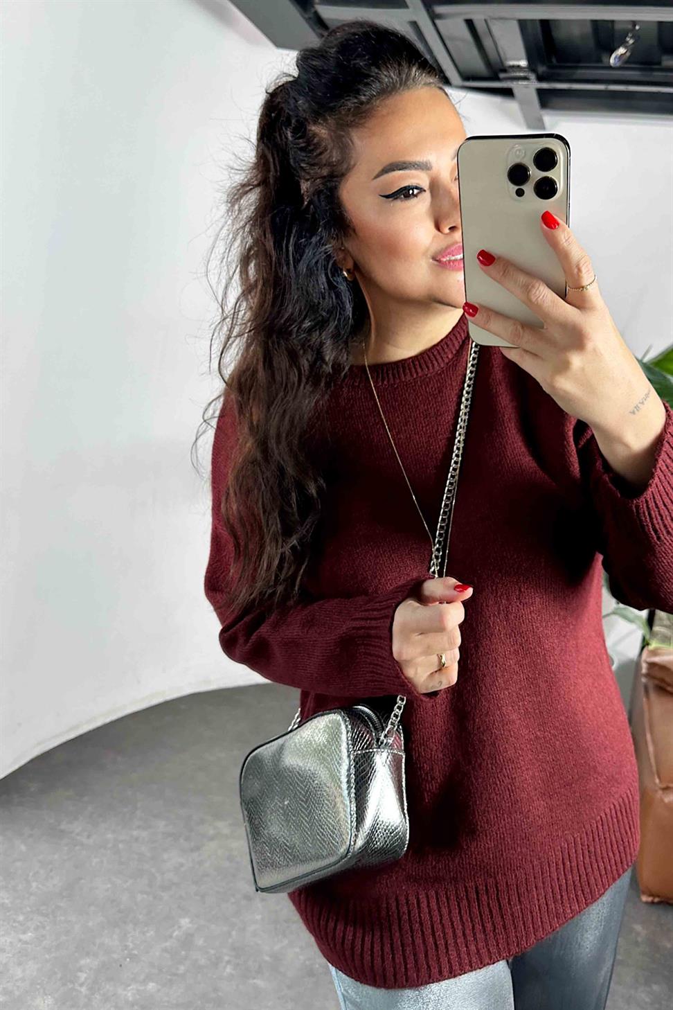Bisiklet Yaka Yumoş Triko Kadın Kazak Bordo