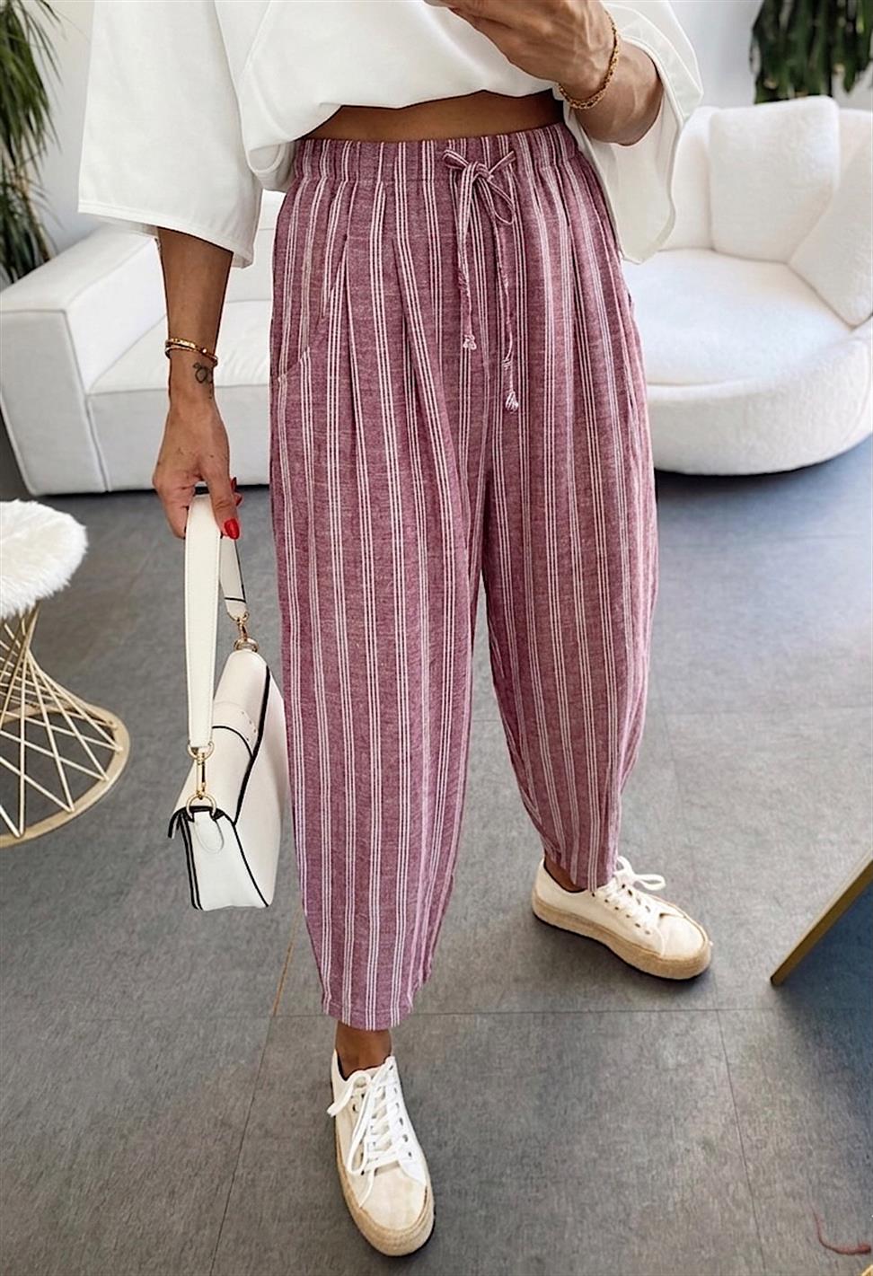 Bordo Çizgili Keten Karışımlı Pantolon