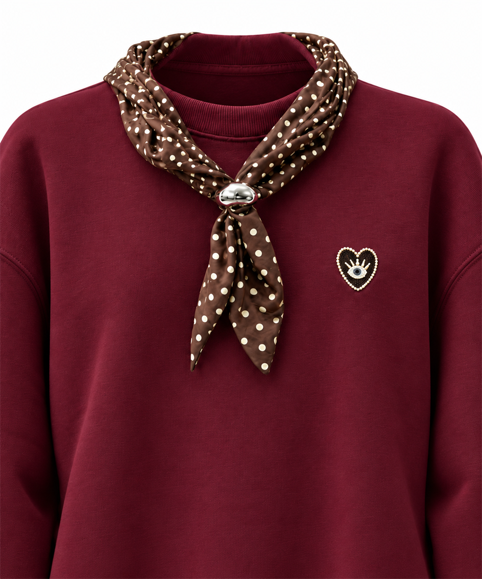 Bordo Fular Detaylı Şardonlu Sweat