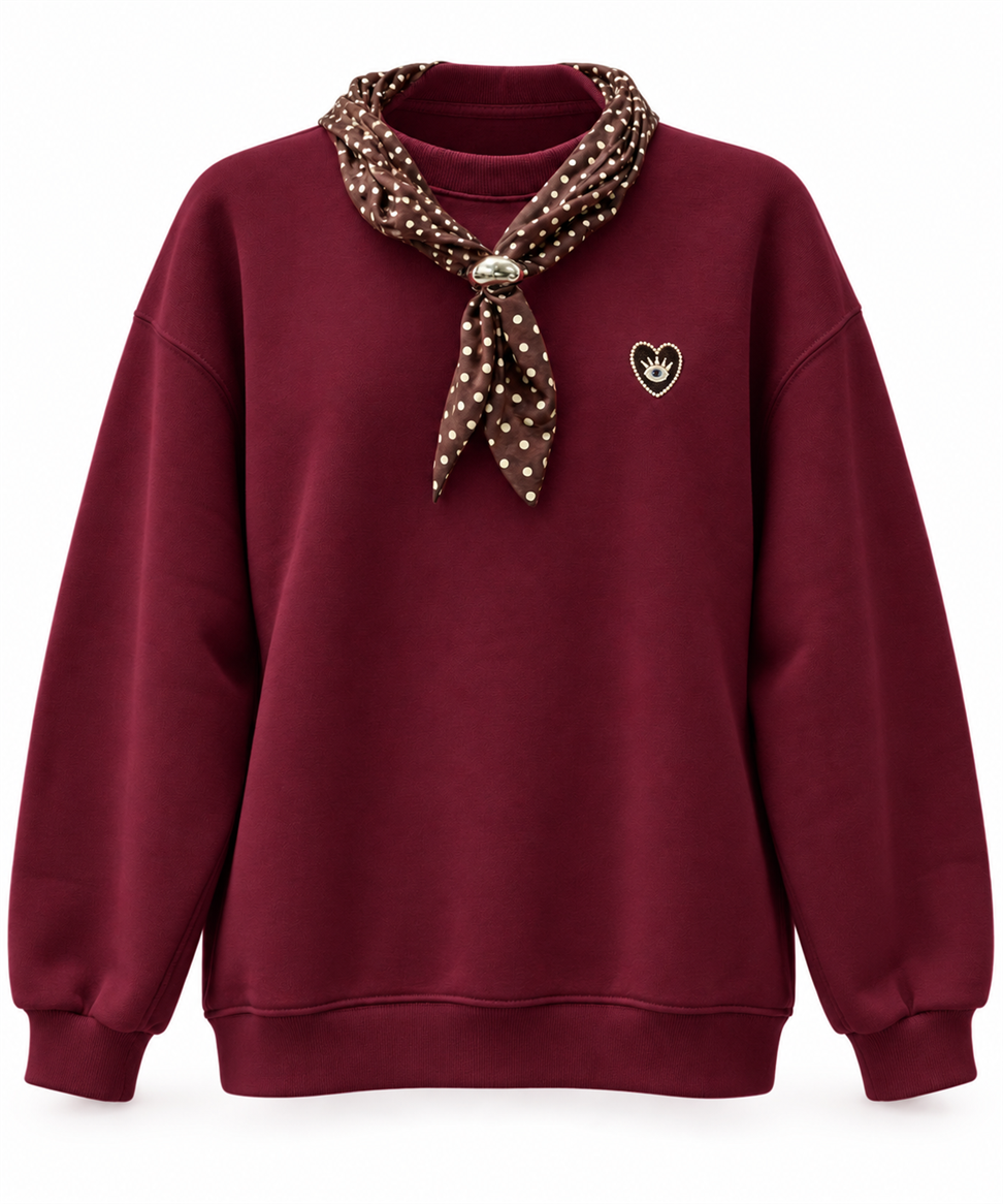Bordo Fular Detaylı Şardonlu Sweat