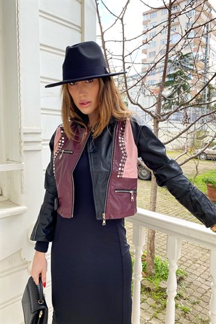 Bordo Siyah Zımba Detay Crop Deri Ceket