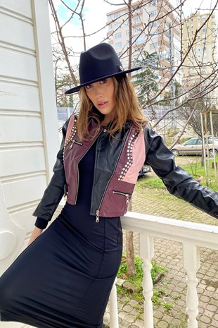 Bordo Siyah Zımba Detay Crop Deri Ceket
