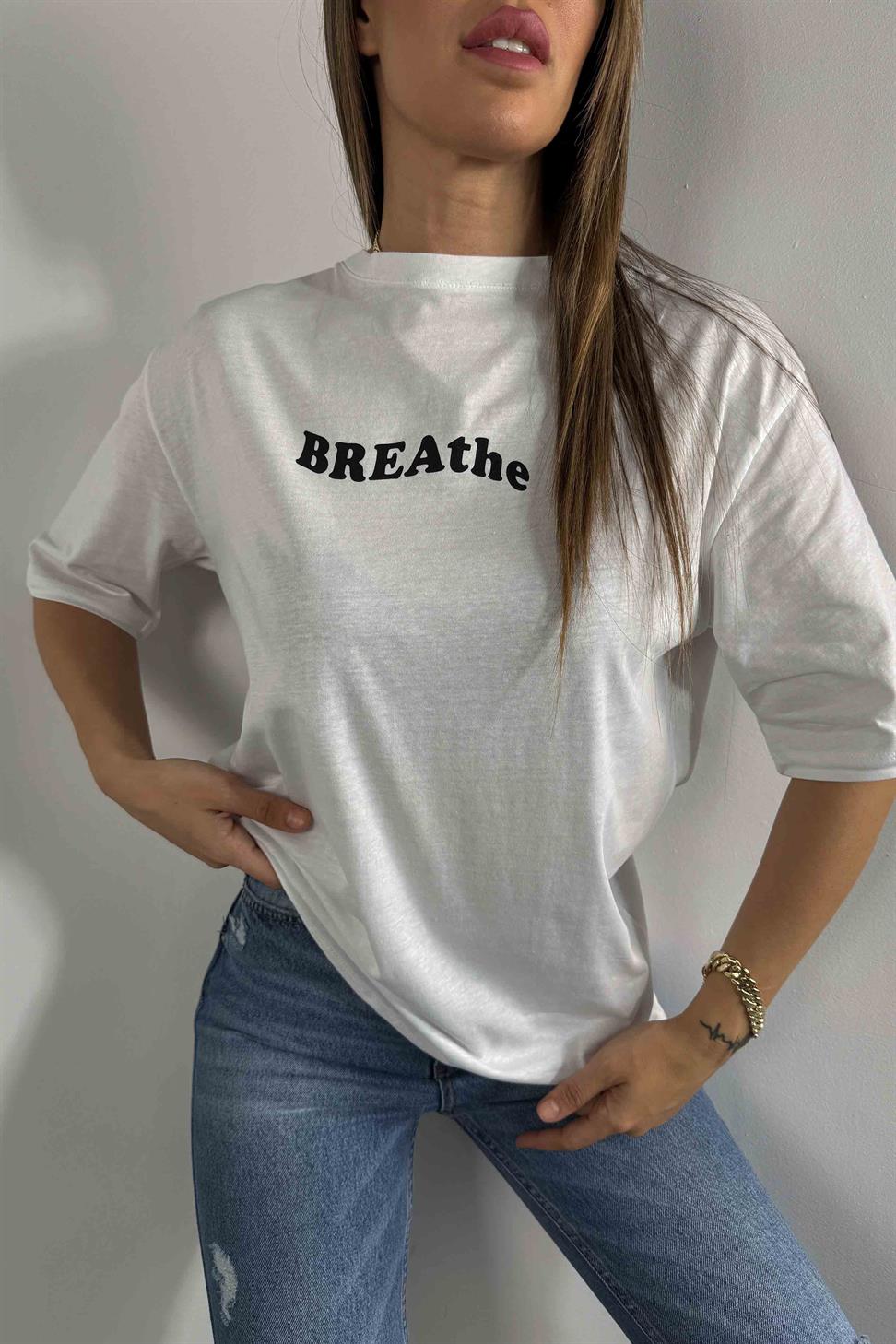 Breathe Baskılı Kadın Tişört Beyaz