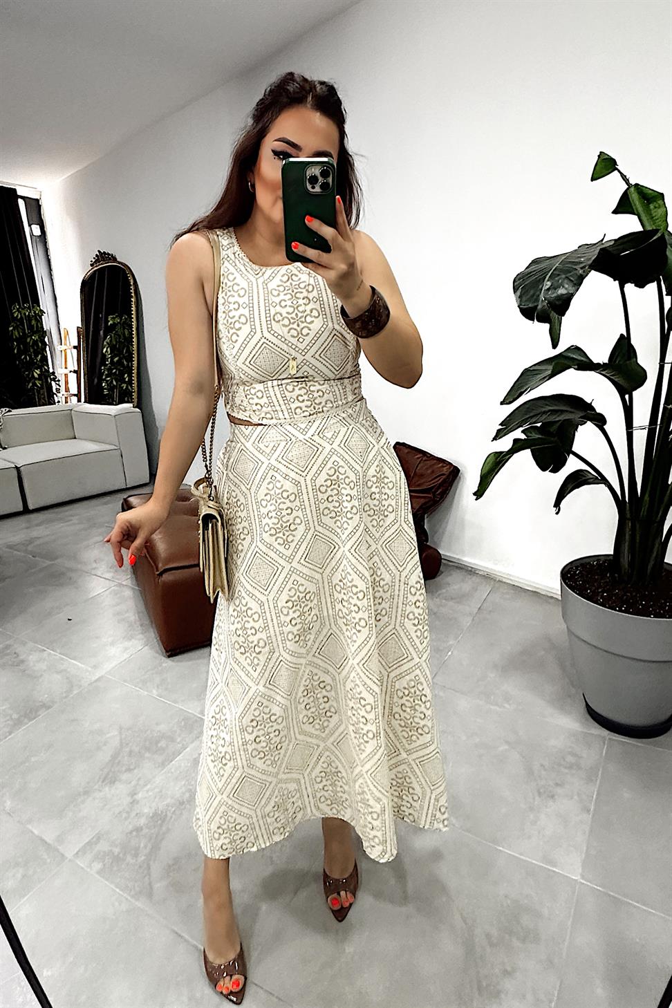 Brode Fistolu Bluz Etek Takım Camel