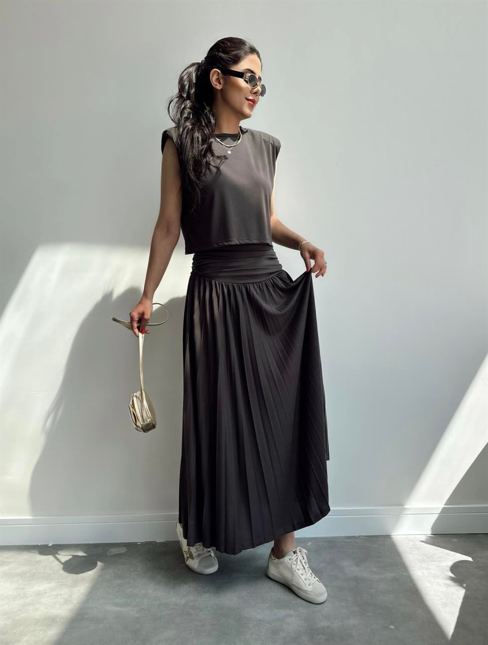 Büzgülü Etek Bluz Modal Takım Kahve