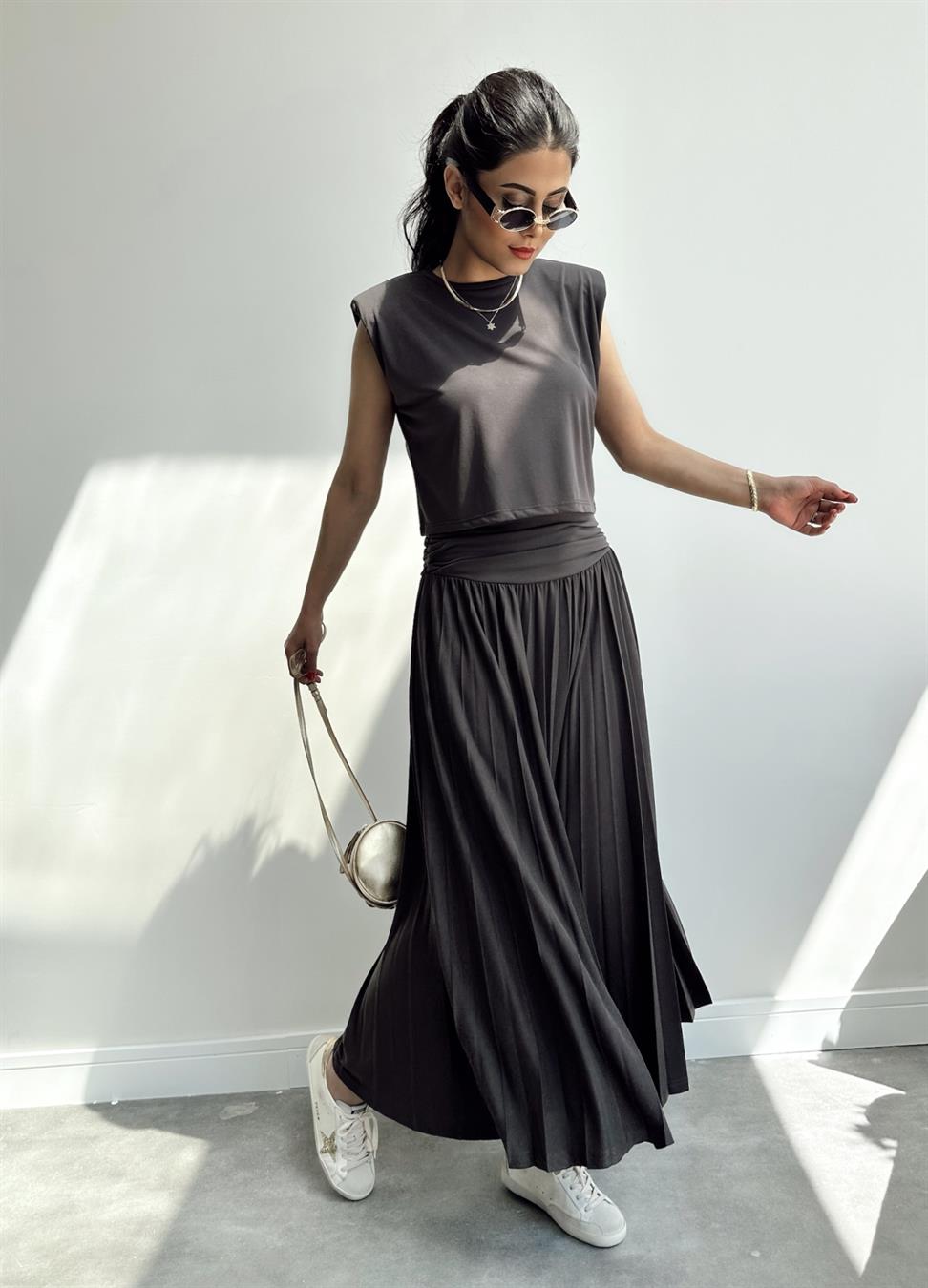 Büzgülü Etek Bluz Modal Takım Kahve