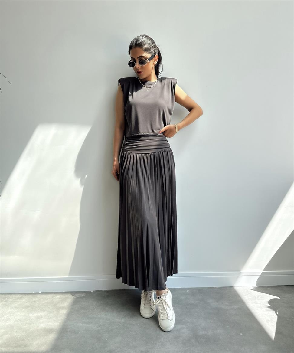 Büzgülü Etek Bluz Modal Takım Kahve