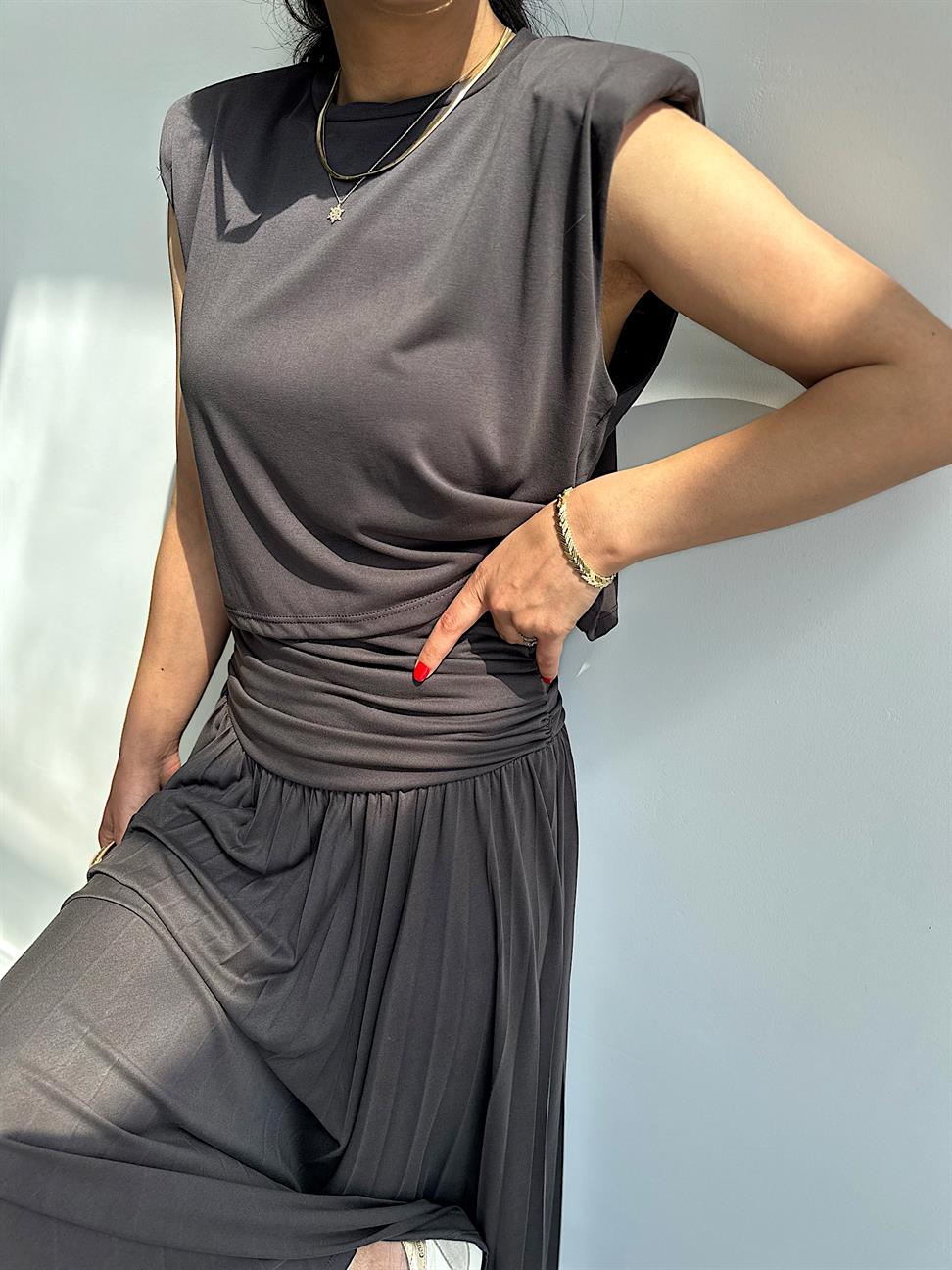 Büzgülü Etek Bluz Modal Takım Kahve