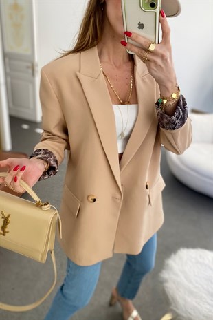 Camel İçi Yılan Desen Saten Astarlı Tasarım Blazer Ceket