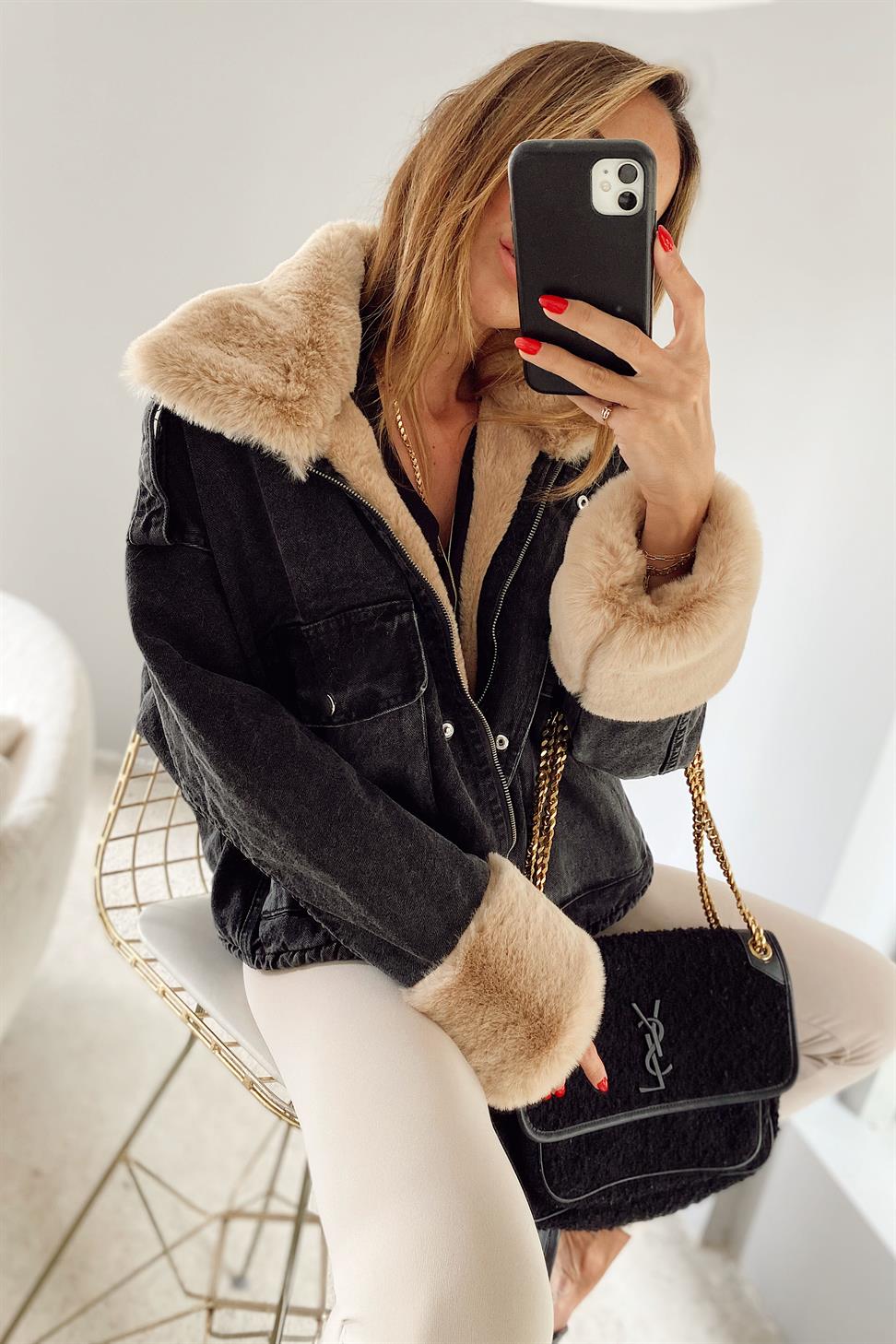 Camel Kürklü Denim Kadın Ceket Antrasit