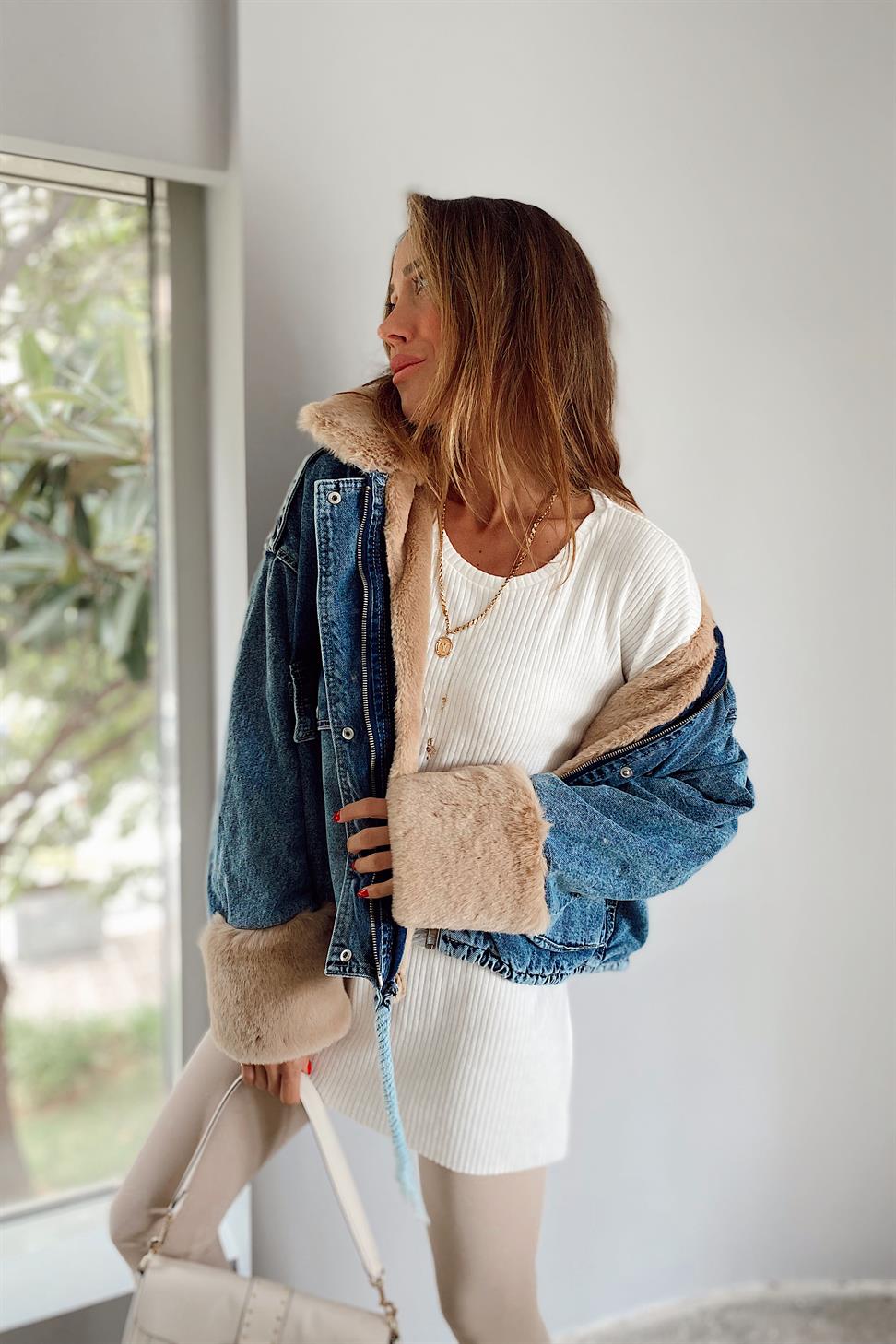 Camel Kürklü Denim Kadın Ceket Mavi