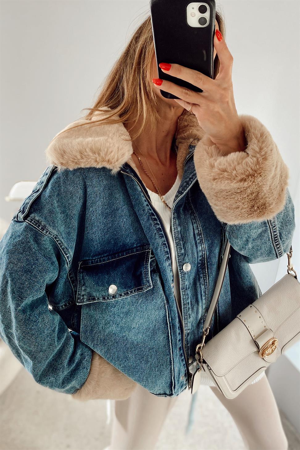Camel Kürklü Denim Kadın Ceket Mavi