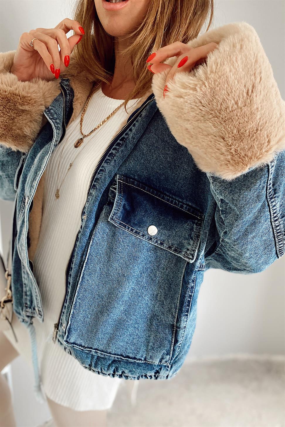 Camel Kürklü Denim Kadın Ceket Mavi