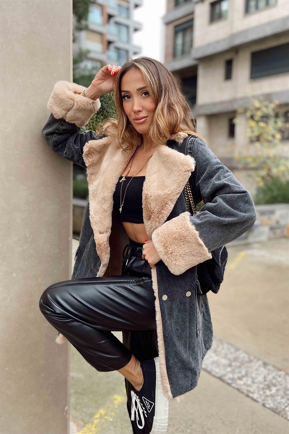 Camel Kürklü Denim Kadın Uzun Mont Antrasit