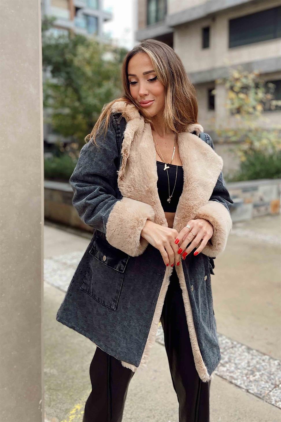 Camel Kürklü Denim Kadın Uzun Mont Antrasit