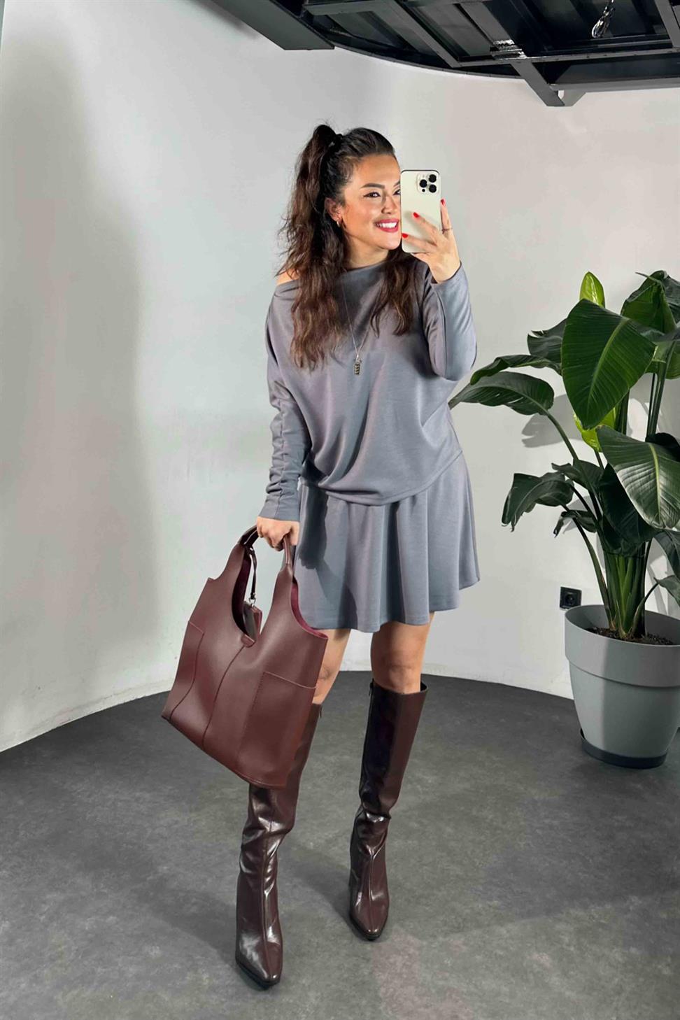 Çan Etek Kayık Yaka Bluz Kadın Takım Antrasit