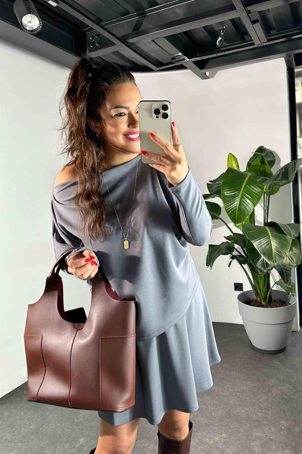 Çan Etek Kayık Yaka Bluz Kadın Takım Antrasit