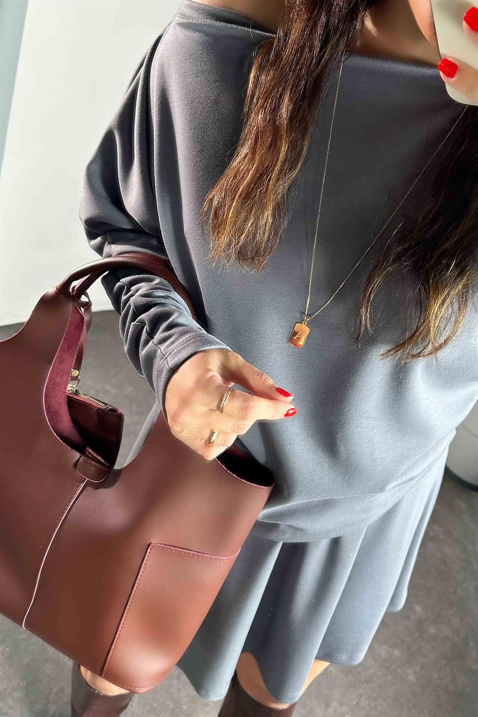 Çan Etek Kayık Yaka Bluz Kadın Takım Antrasit