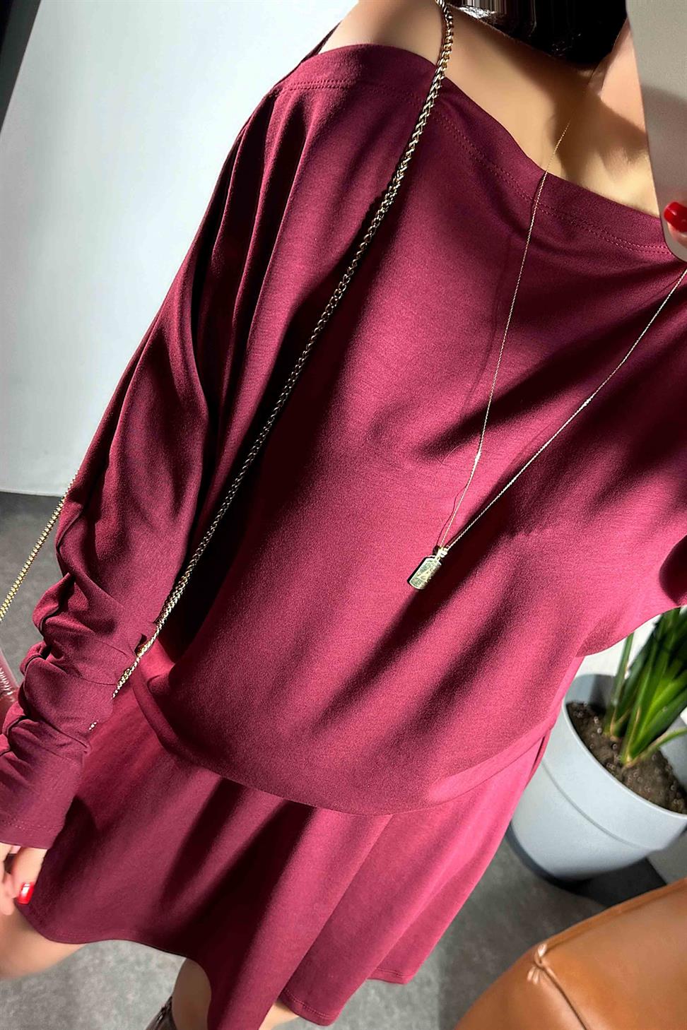 Çan Etek Kayık Yaka Bluz Kadın Takım Bordo