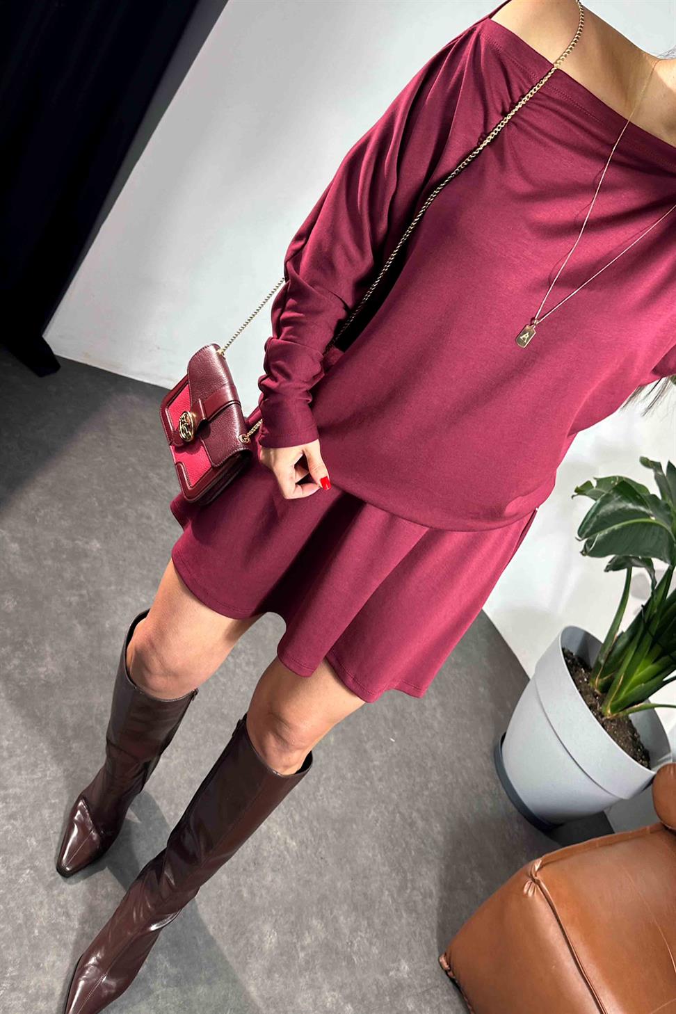 Çan Etek Kayık Yaka Bluz Kadın Takım Bordo