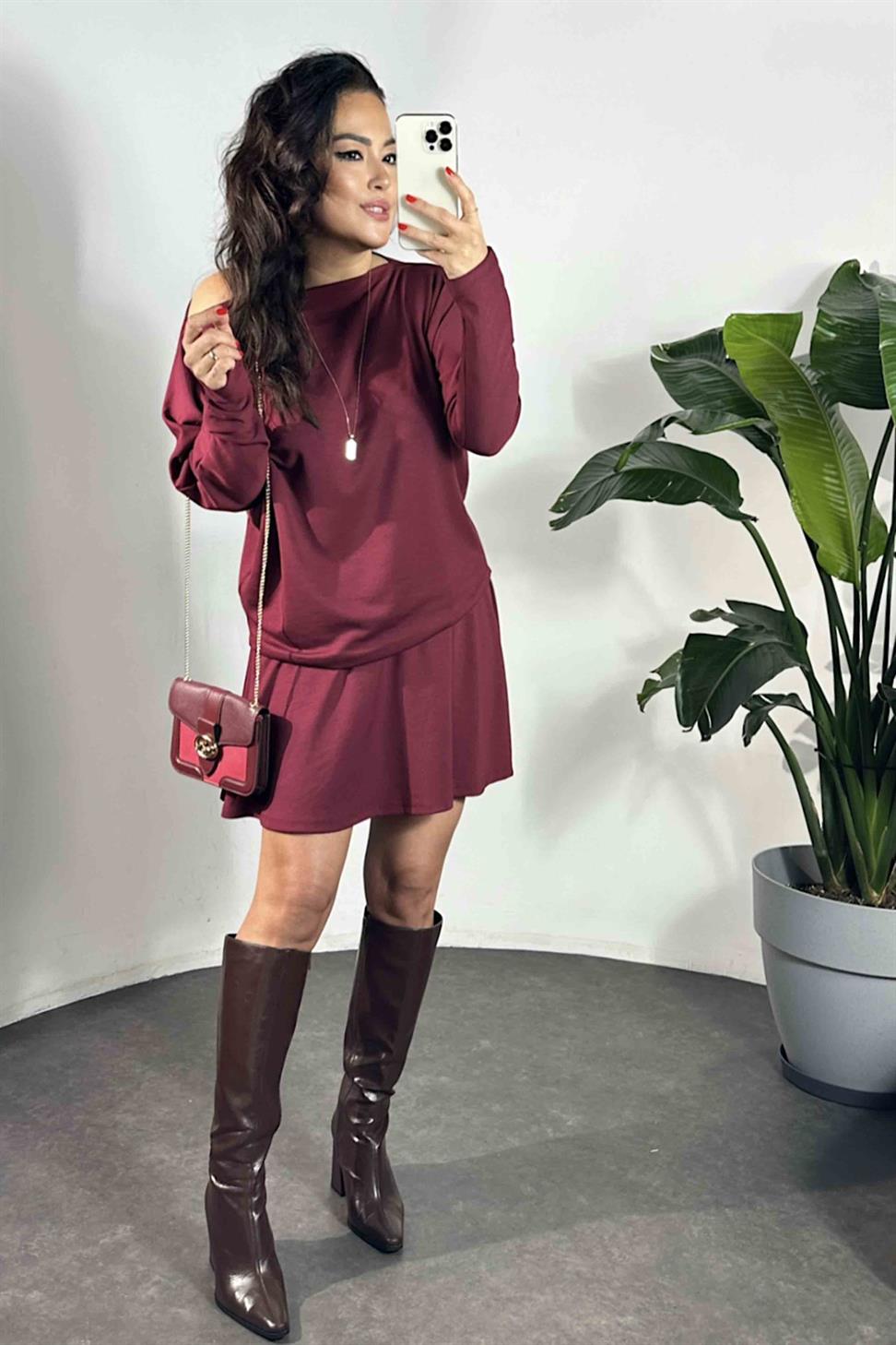 Çan Etek Kayık Yaka Bluz Kadın Takım Bordo