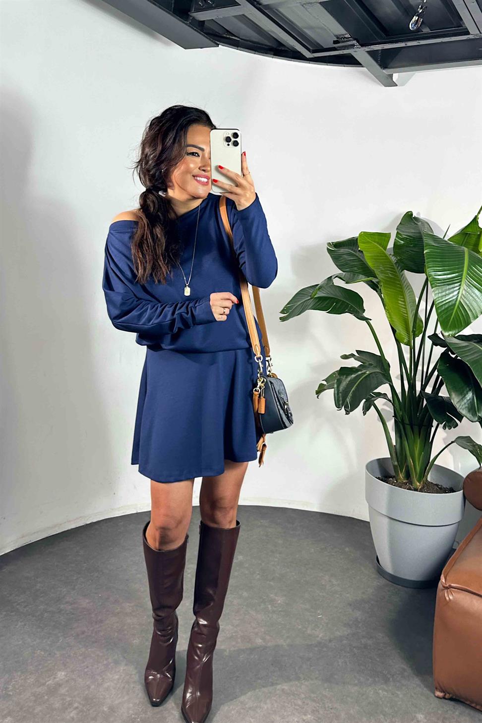 Çan Etek Kayık Yaka Bluz Kadın Takım İndigo Mavi