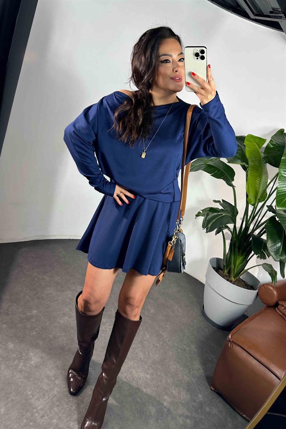 Çan Etek Kayık Yaka Bluz Kadın Takım İndigo Mavi