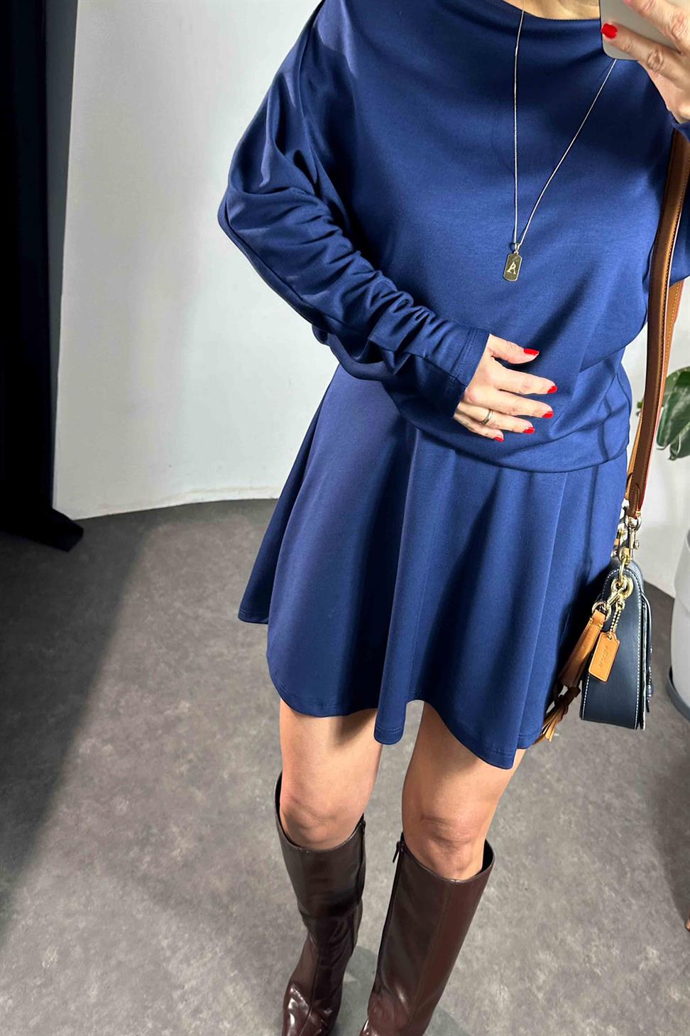 Çan Etek Kayık Yaka Bluz Kadın Takım İndigo Mavi