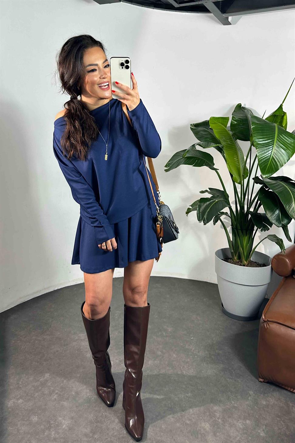 Çan Etek Kayık Yaka Bluz Kadın Takım İndigo Mavi