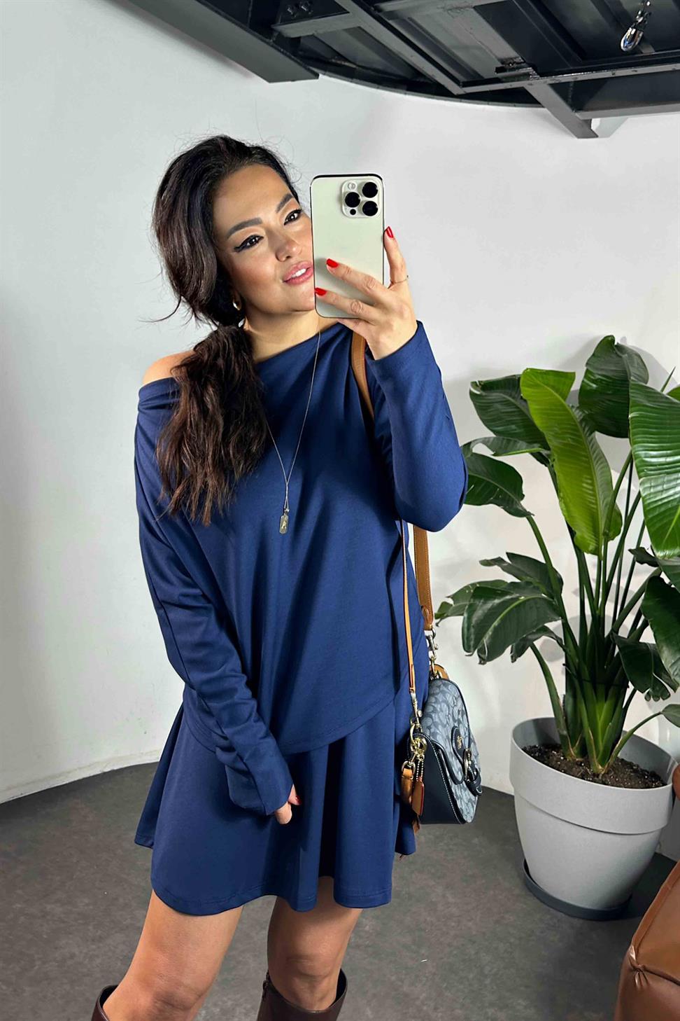 Çan Etek Kayık Yaka Bluz Kadın Takım İndigo Mavi