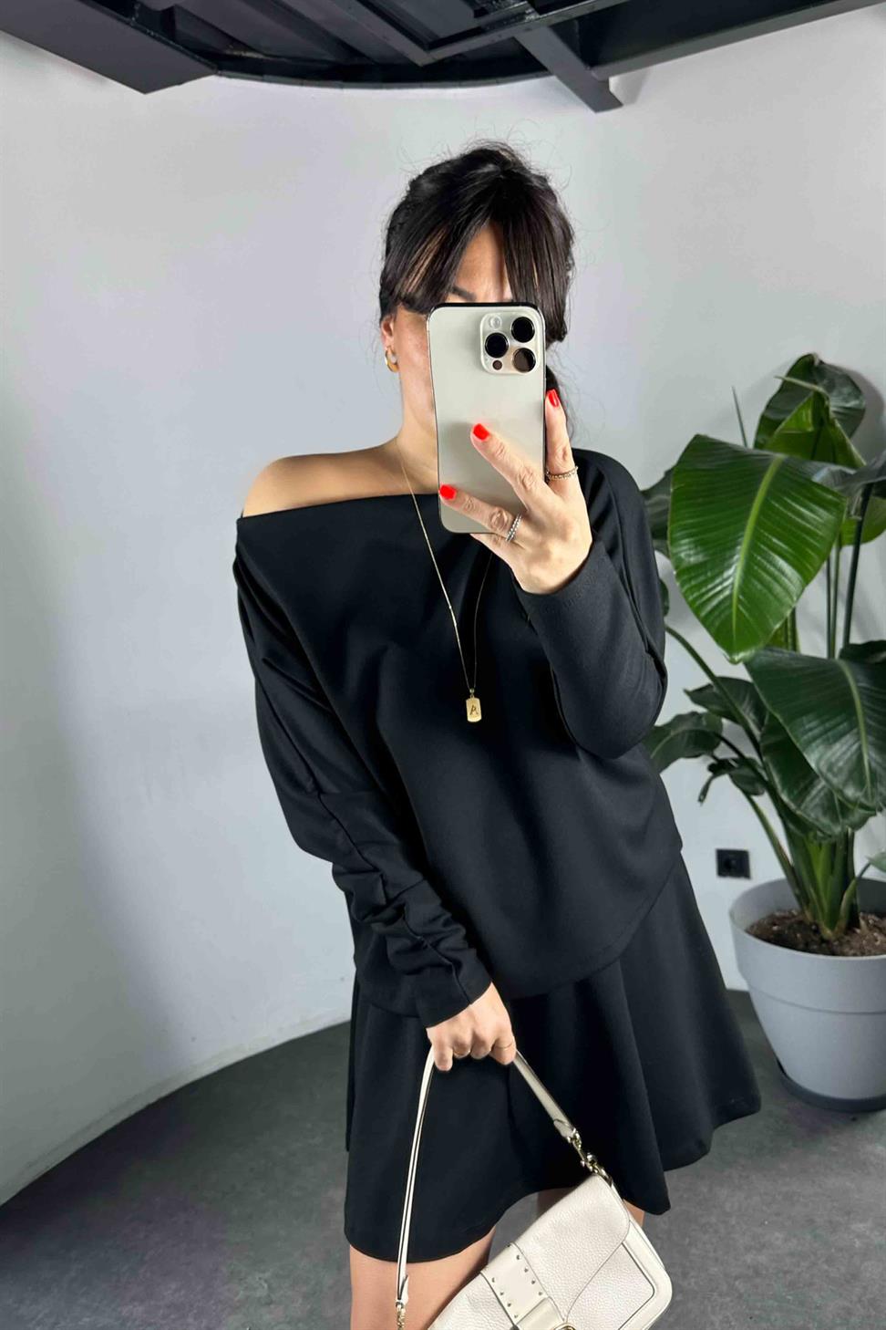 Çan Etek Kayık Yaka Bluz Kadın Takım Siyah