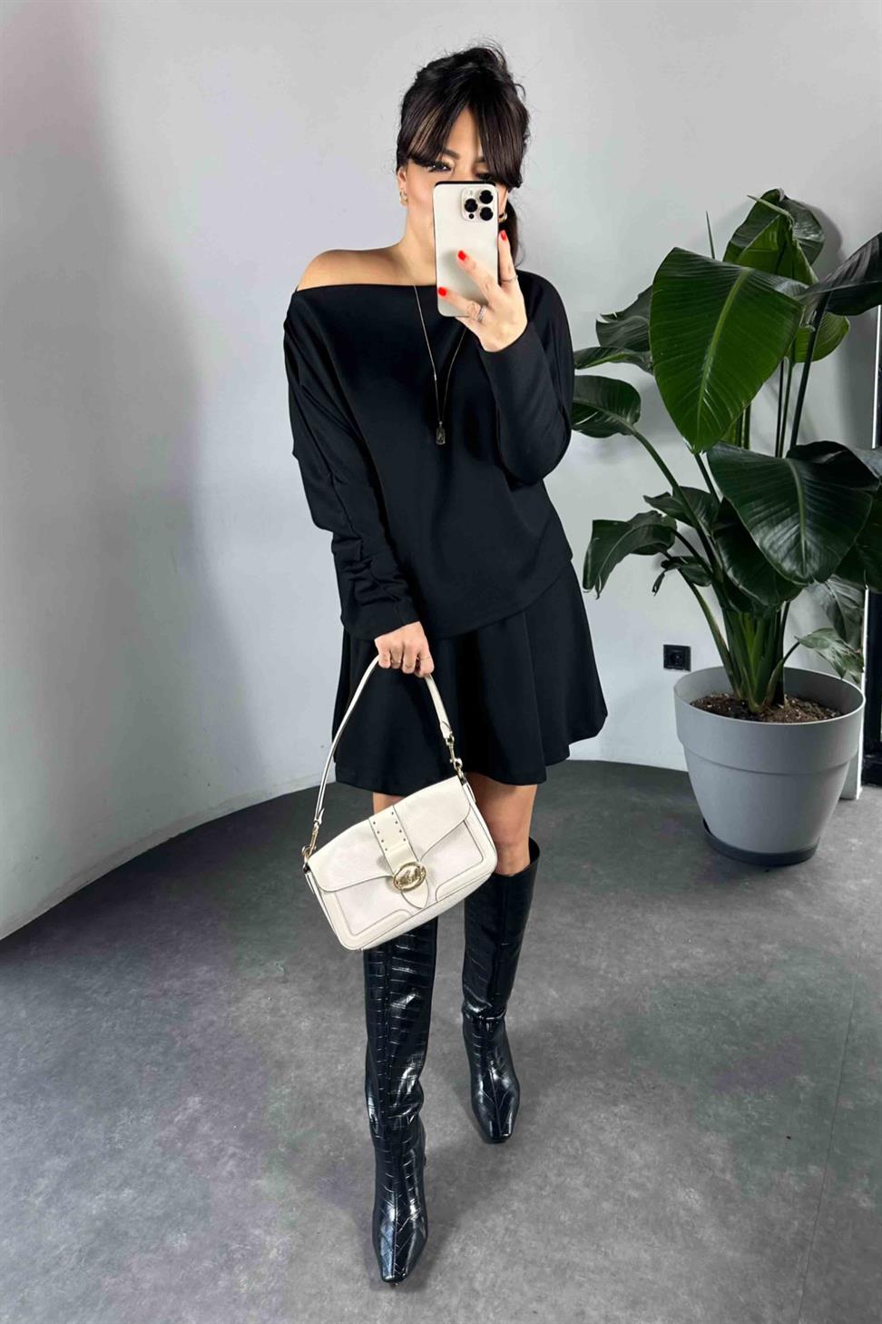 Çan Etek Kayık Yaka Bluz Kadın Takım Siyah