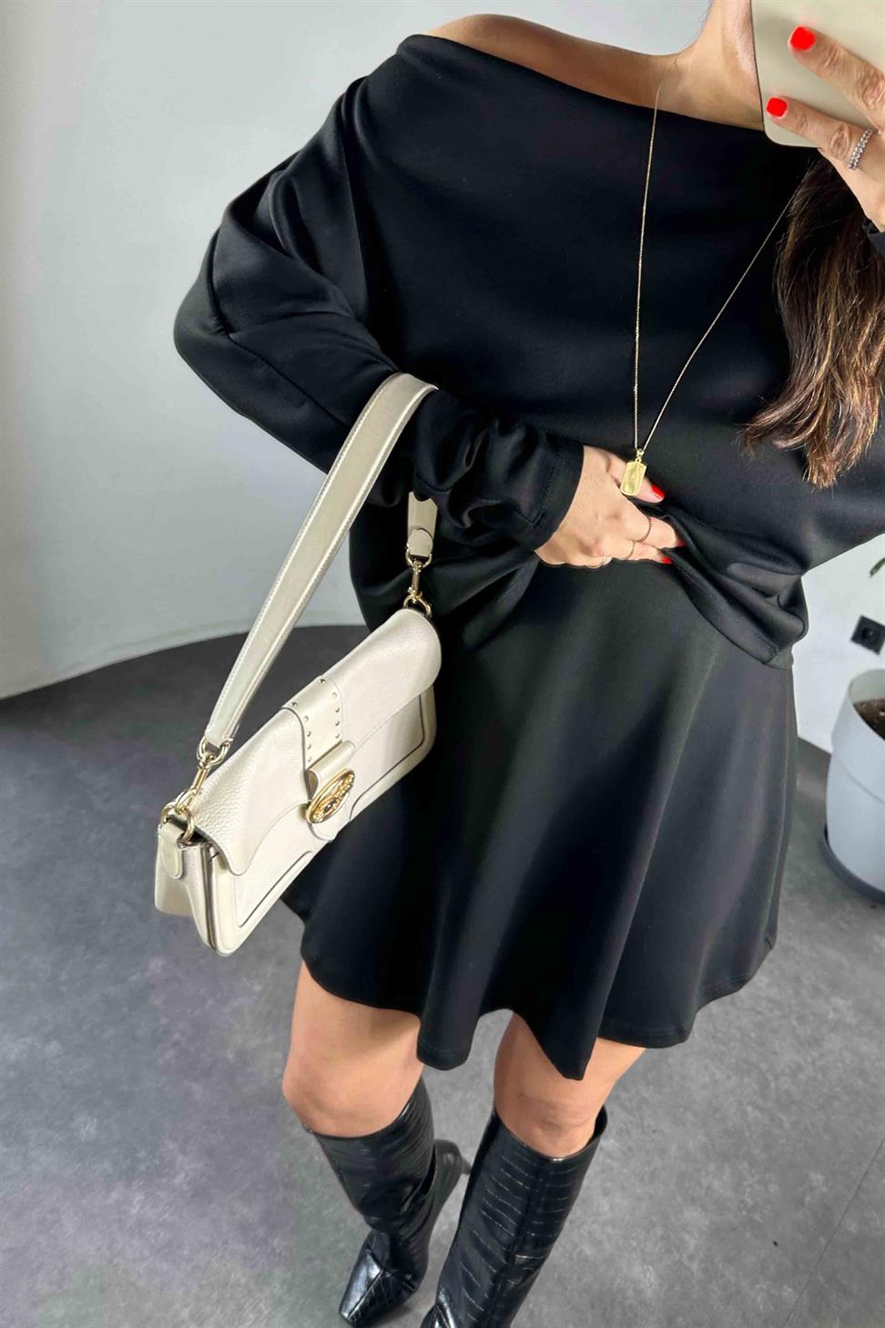 Çan Etek Kayık Yaka Bluz Kadın Takım Siyah