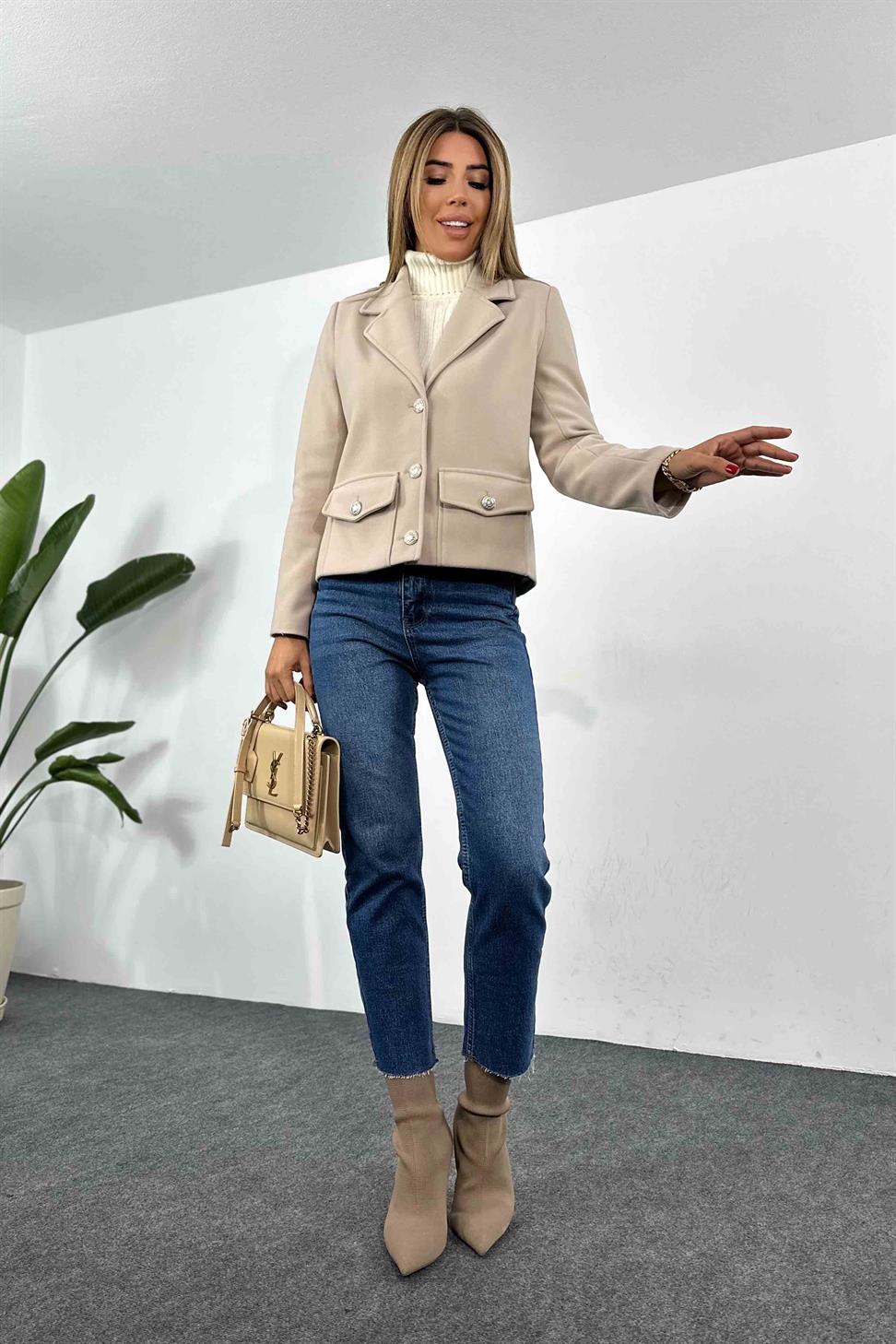 Cep Detay Kısa Kaşe Kaban Taş