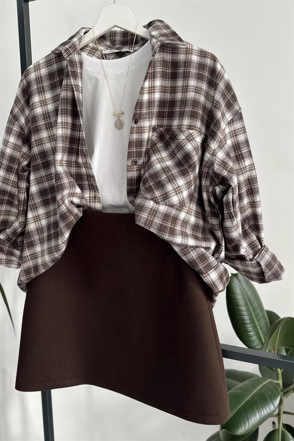 Cep Detaylı Ekose Gömlek Kahverengi