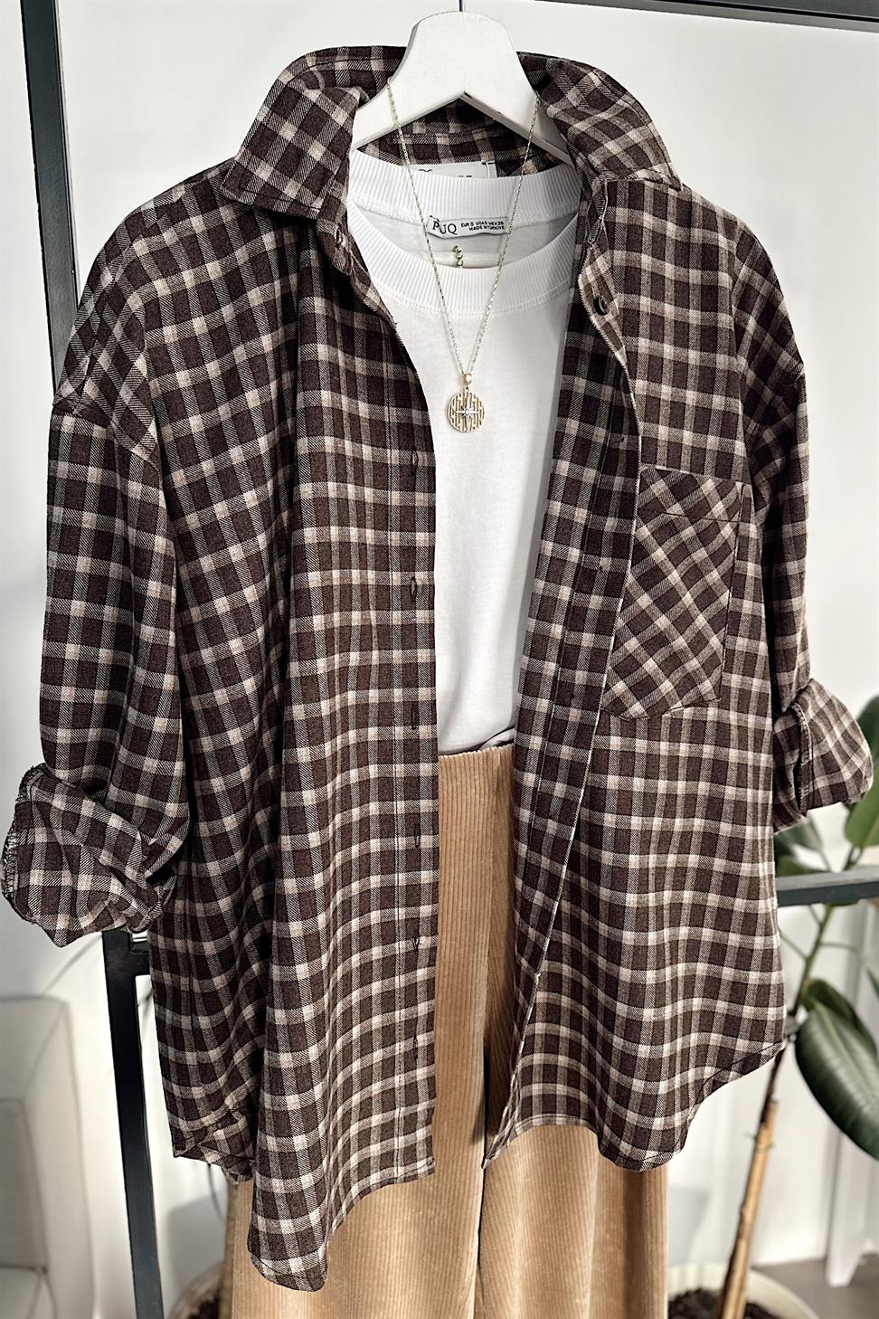 Cep Detaylı Ekose Gömlek Sütlü Kahve