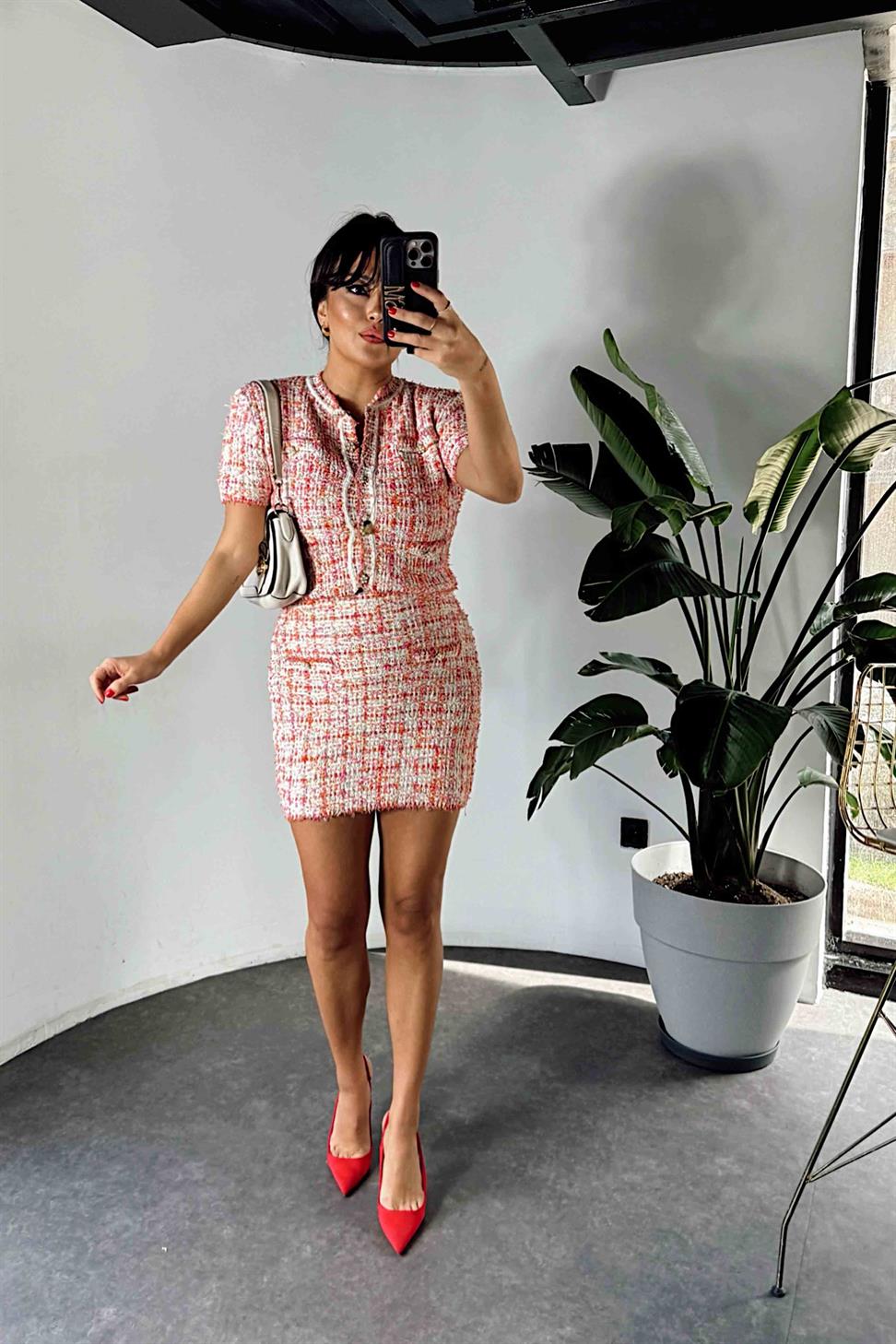 Cep Detaylı Tüvit Triko İkili Kadın Takım Pembe