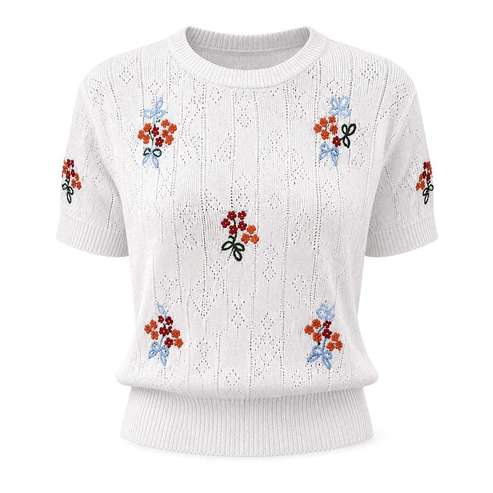 Çiçek Nakışlı Merserize Beyaz