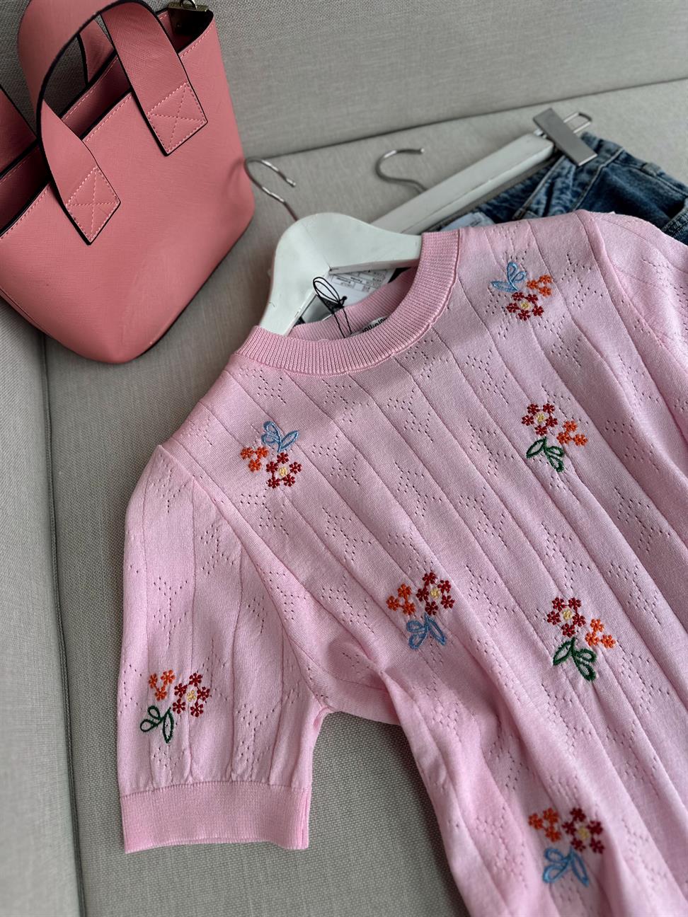Çiçek Nakışlı Merserize Pembe
