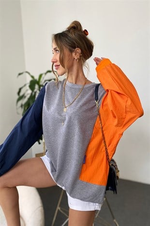 Gri Çift Renk Paraşüt Kumaş Detaylı Oversize Mouse Sweat