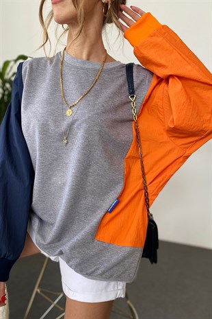 Gri Çift Renk Paraşüt Kumaş Detaylı Oversize Mouse Sweat