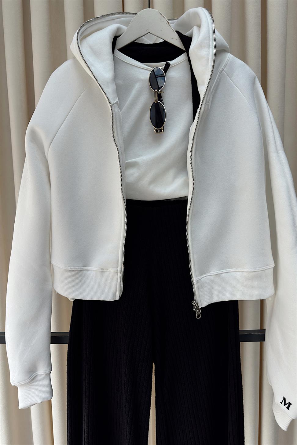 Çift Yönlü Açılabilir Fermuarlı Sweatshirt Beyaz