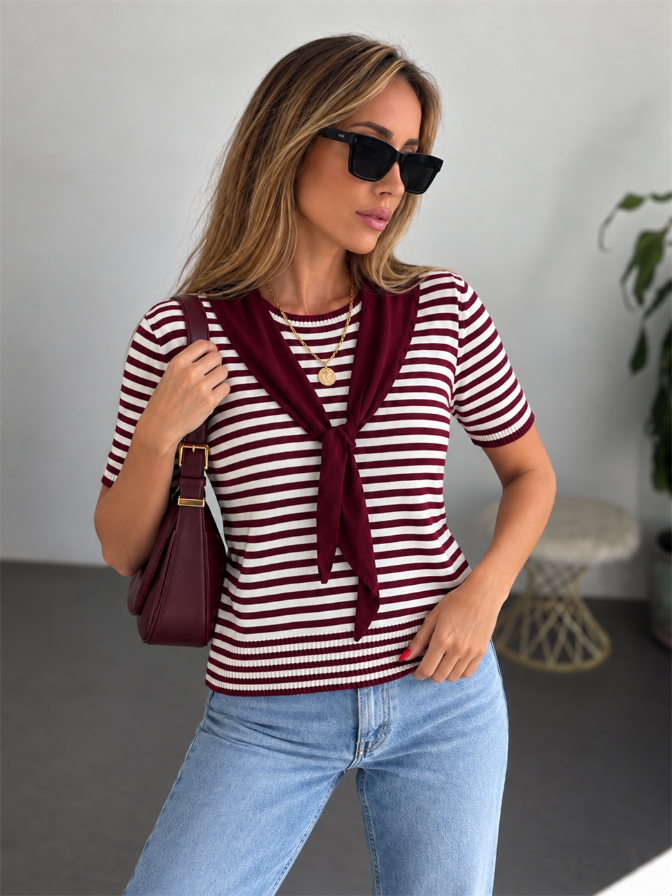 Çıkarılabilir Fular Detaylı Çizgili Triko Bordo