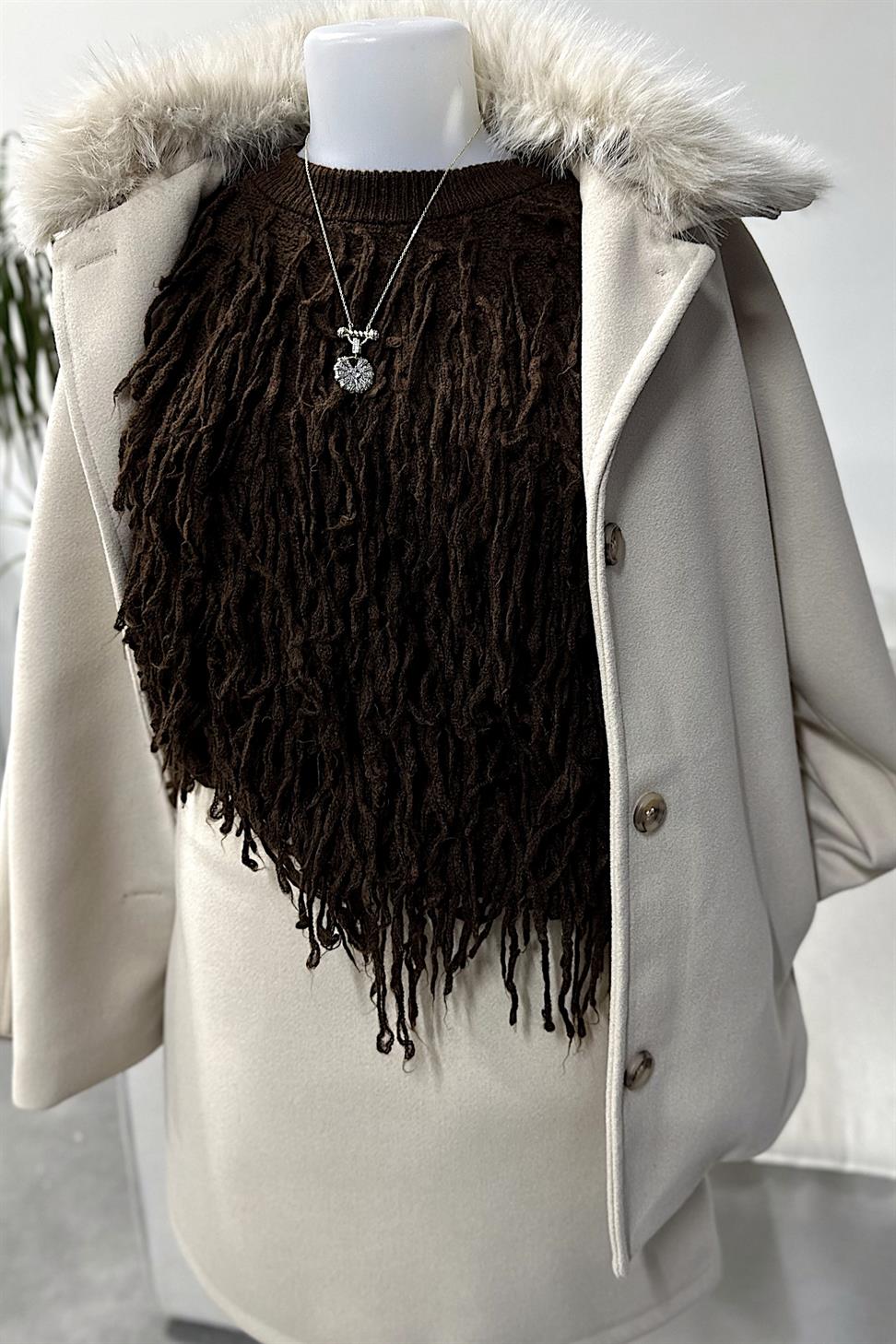 Çıkarılabilir Kürk Yakalı Kaban Krem