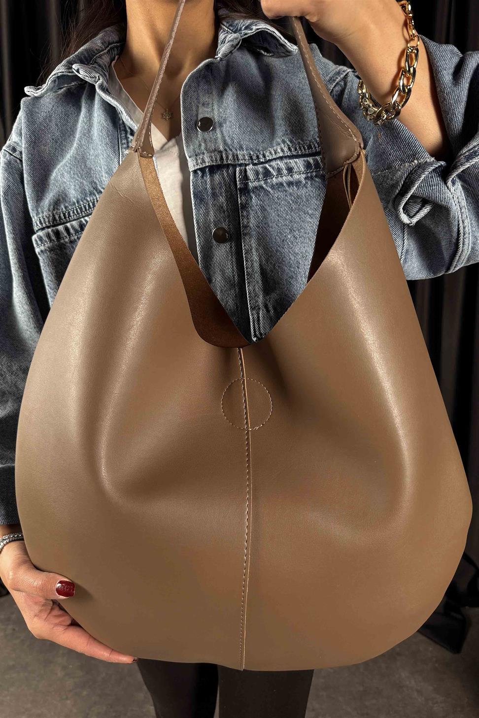 Çıt Çıt Kapatmalı Makyaj Çantası El ve Omuz Çantası Vizon