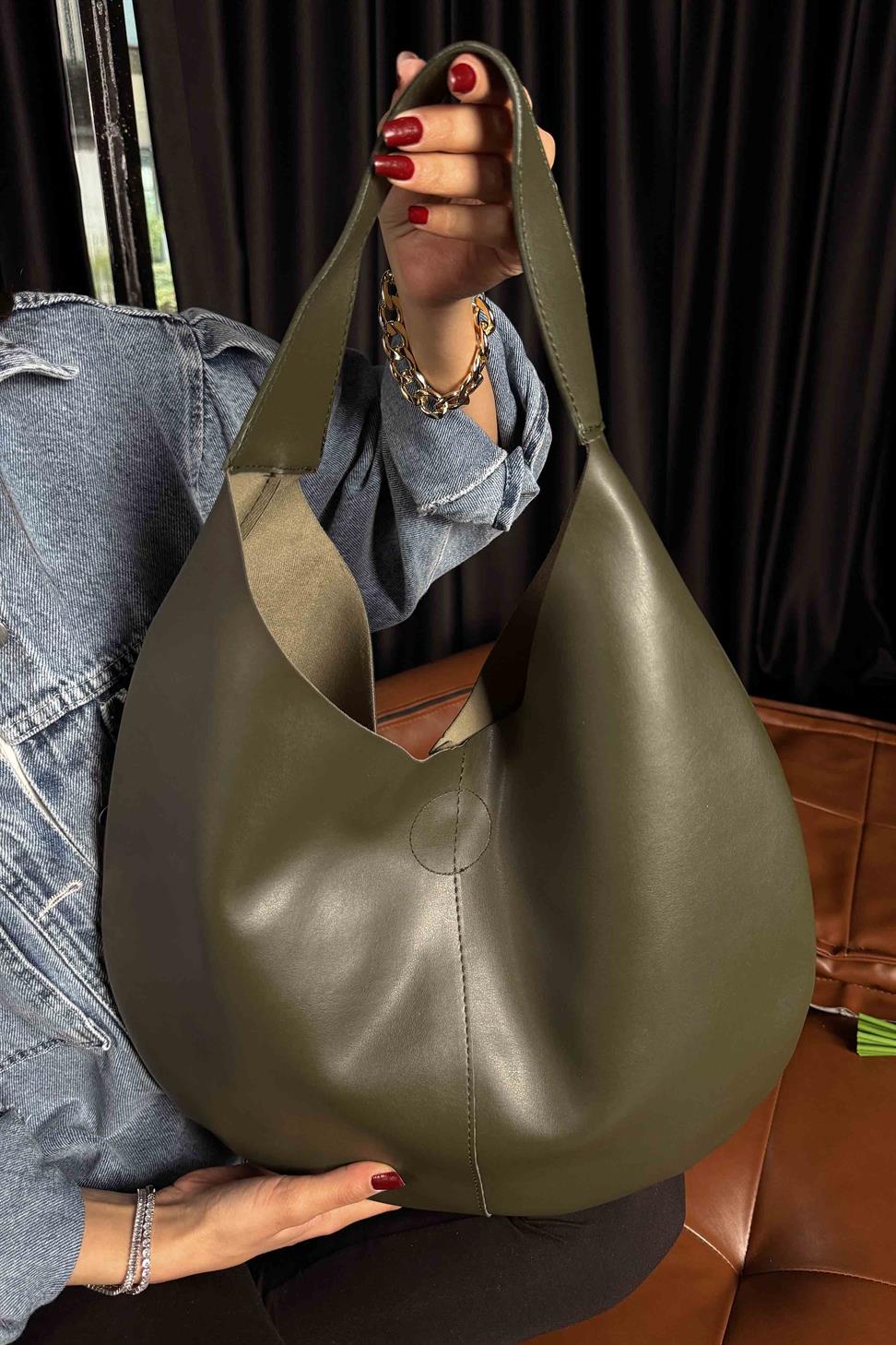 Çıt Çıt Kapatmalı Makyaj Çantası El ve Omuz Çantası Haki